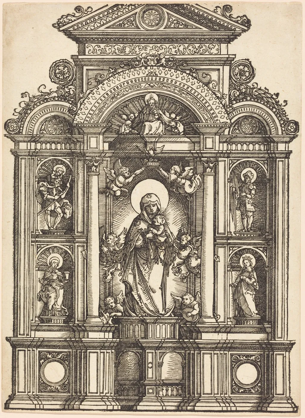 Altarpiece with the Beautiful Virgin of Regensburg and Saints Christopher, Mary Magdalene, Florian, and Catherine Standing in Niches, with God the Father Above, by Albrecht Altdorfer, ink, 1520