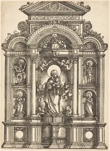Altarpiece with the Beautiful Virgin of Regensburg and Saints Christopher, Mary Magdalene, Florian, and Catherine Standing in Niches, with God the Father Above, by Albrecht Altdorfer