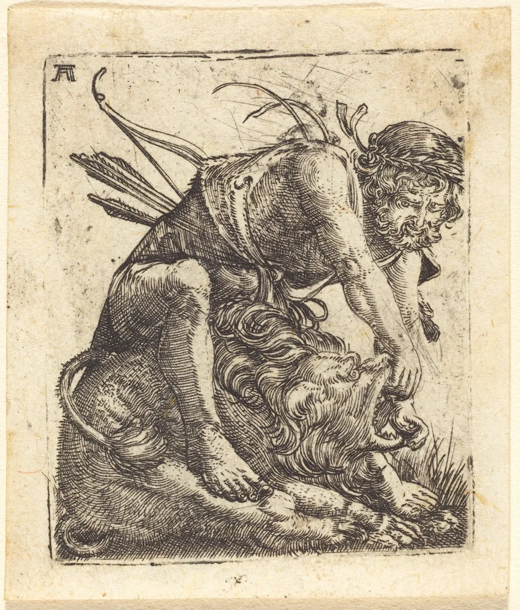 Hercules Overcoming the Nemean Lion, by Albrecht Altdorfer, ink, 1522