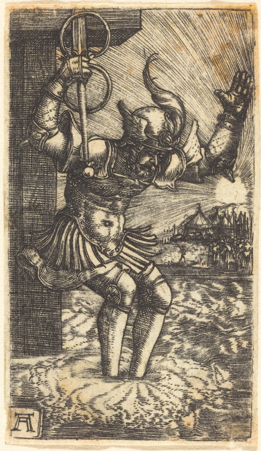 Horatius Cocles Leaping into the River Tiber, by Albrecht Altdorfer, ink, 1525