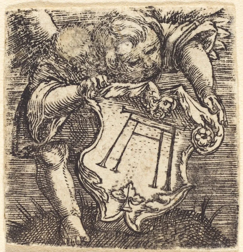Putto Holding a Shield with the Monogram of Altdorfer, by Albrecht Altdorfer, ink, 1520