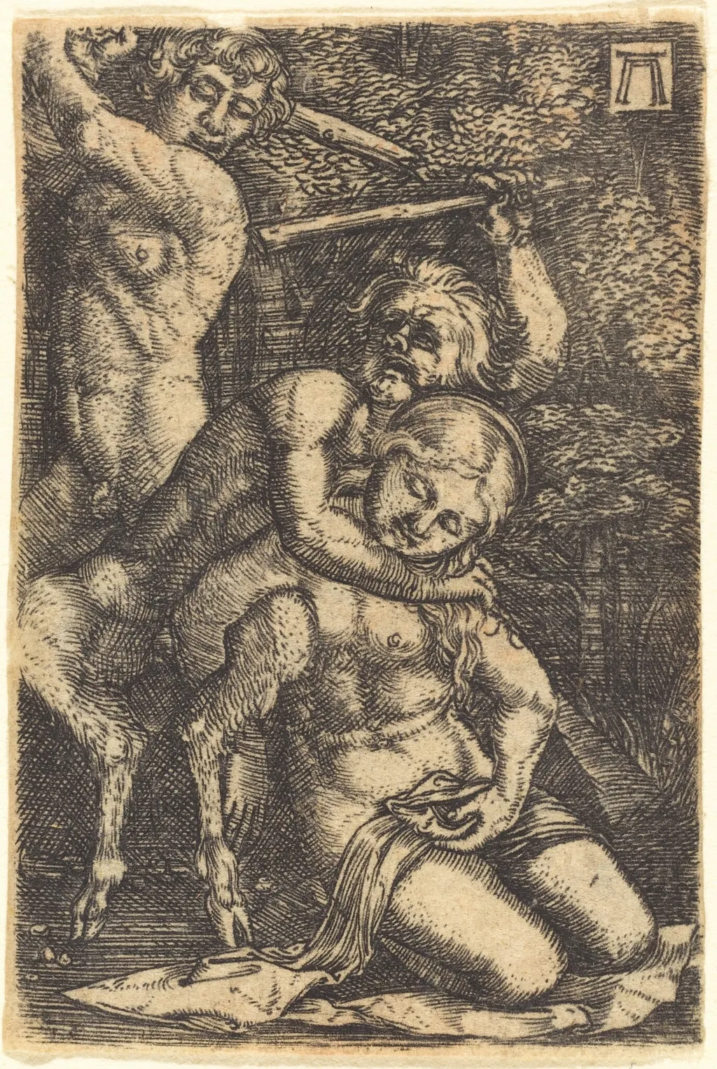 Two Satyrs Fighting about a Nymph, by Albrecht Altdorfer, ink, 1522