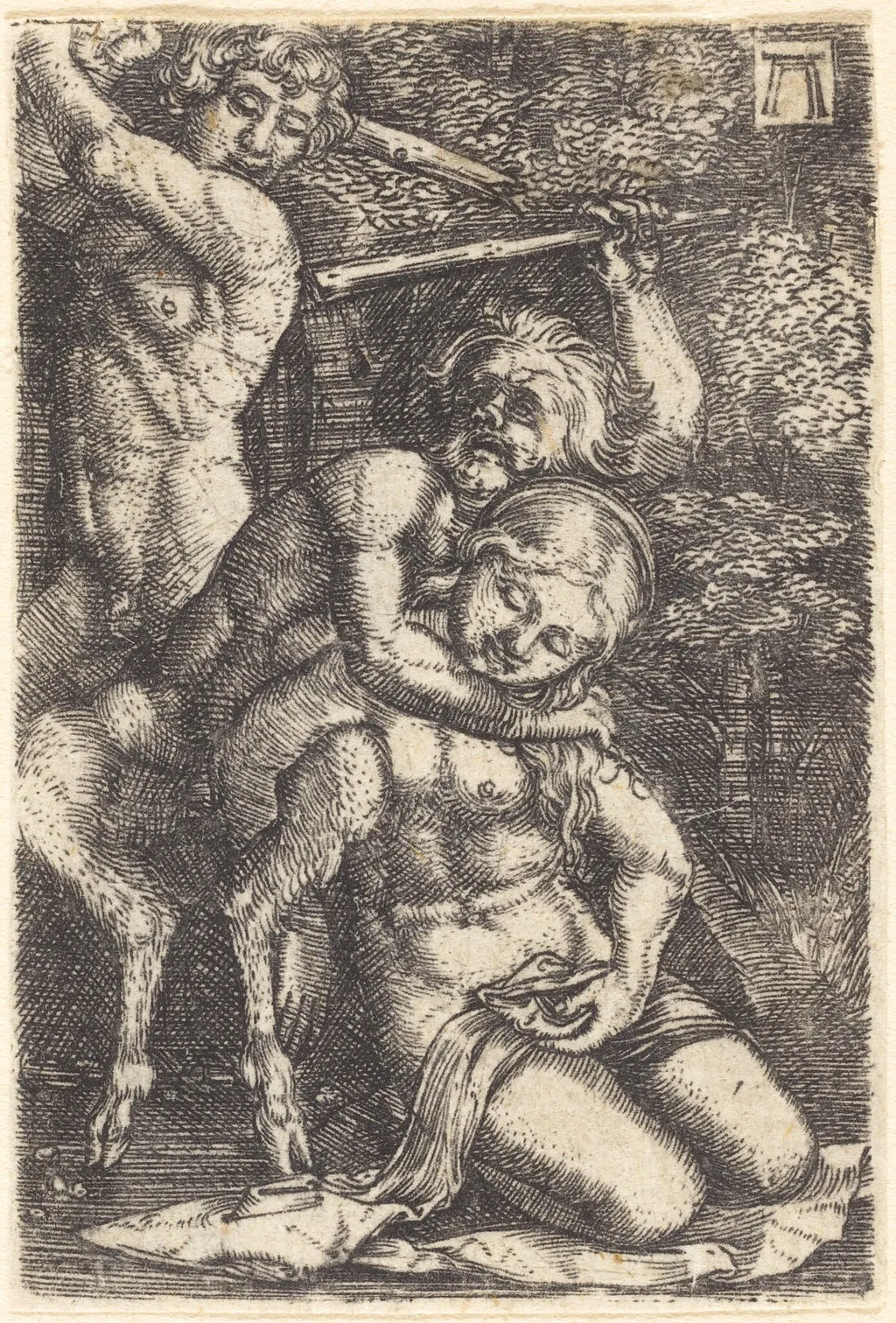 Two Satyrs Fighting about a Nymph, by Albrecht Altdorfer, ink, 1522