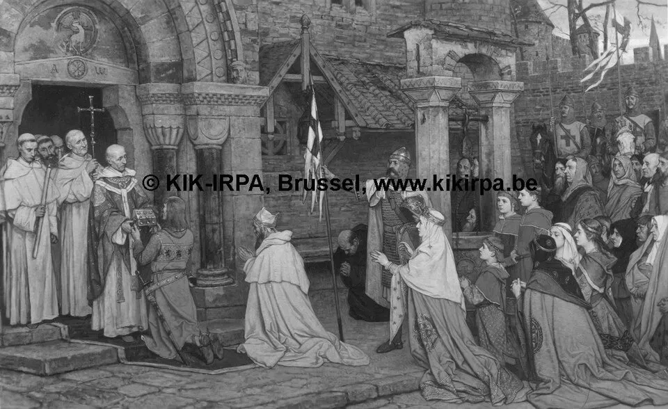 Thierry of Alsace Brings the Holy Blood to Bruges, by Albrecht De Vriendt, oil, 1898