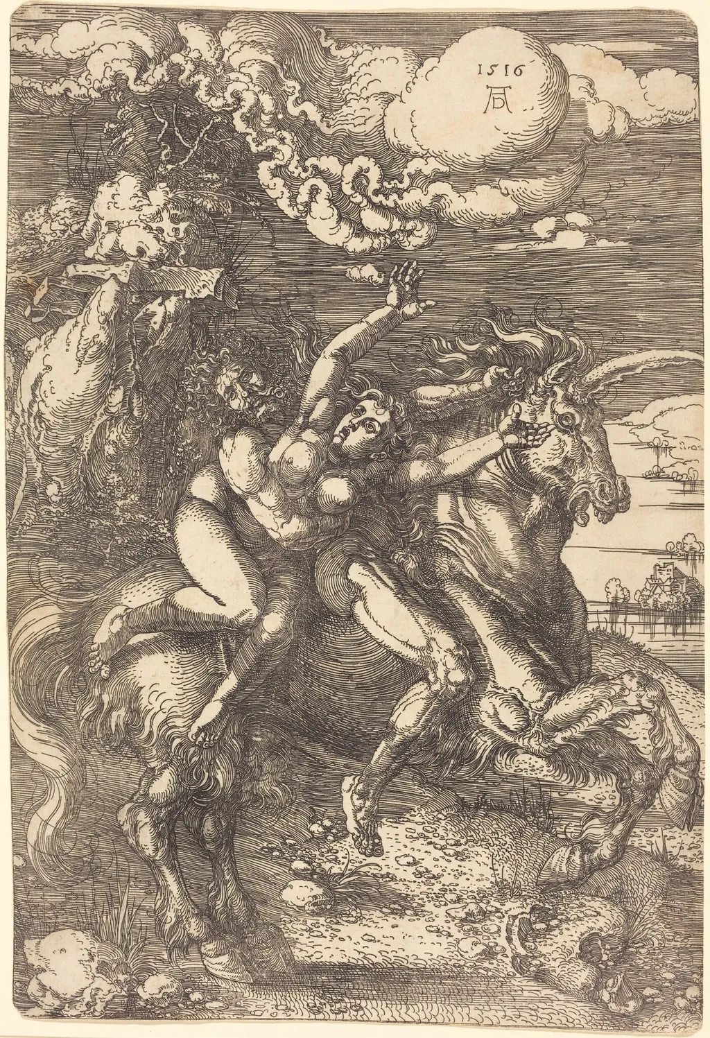 Abduction on a Unicorn, by Albrecht Dürer, ink, 1516