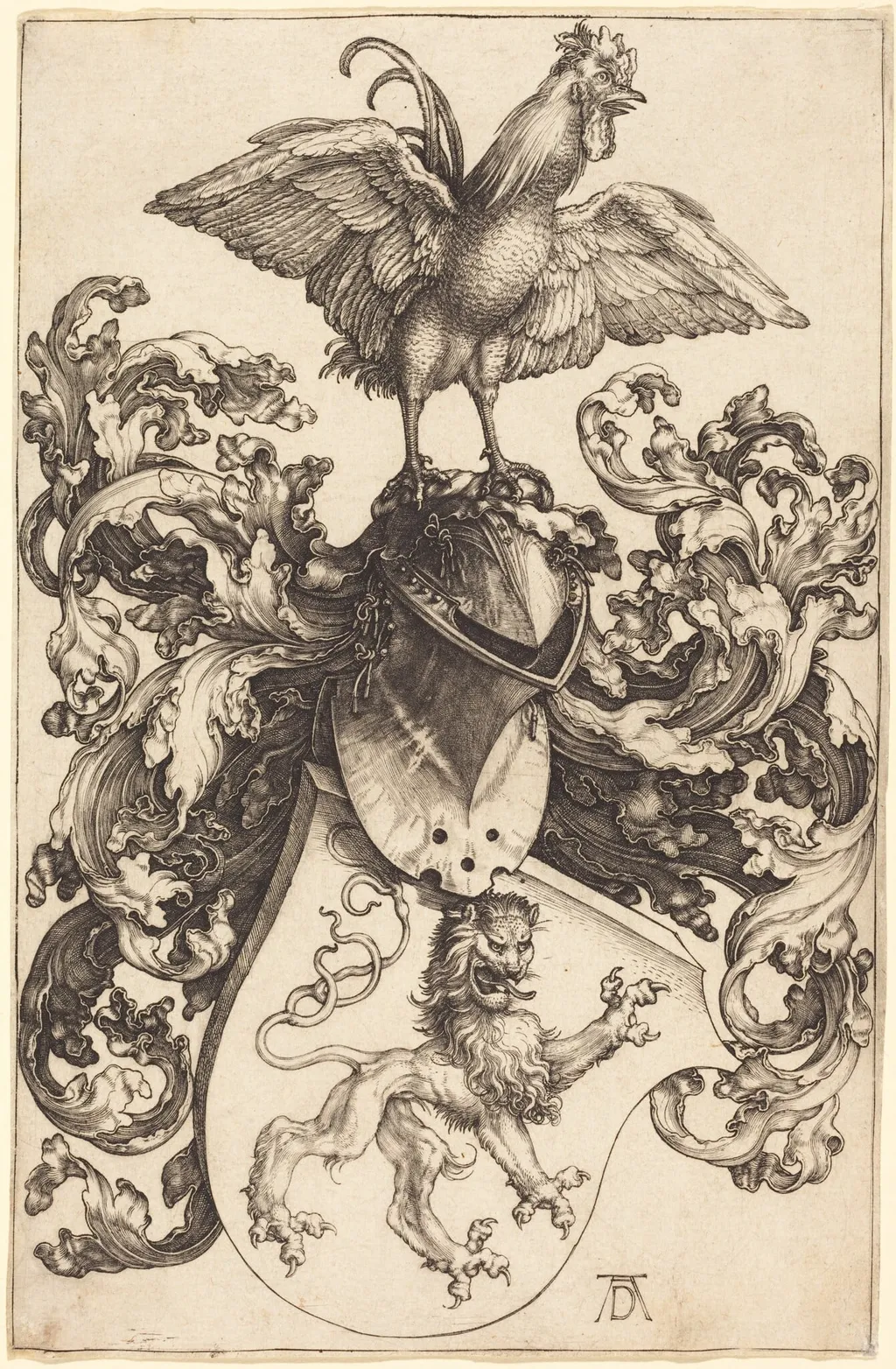 Coat of Arms with a Lion and a Cock, by Albrecht Dürer, ink, 1502