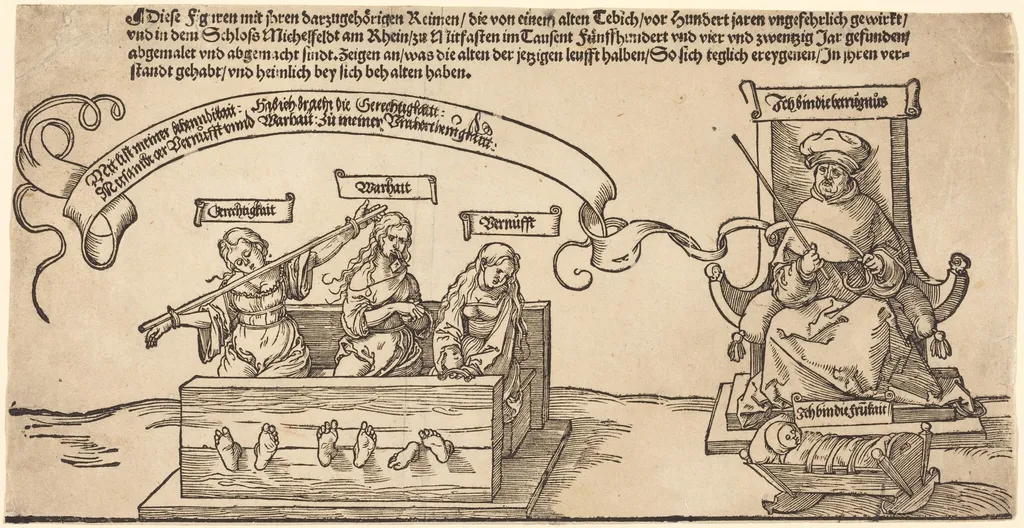 Justice, Truth and Reason in the Stocks with the Seated Judge and Sleeping Piety, by Albrecht Dürer, ink, 1526