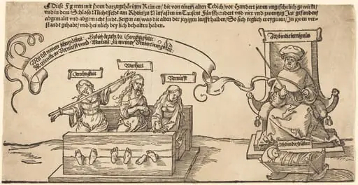 Justice, Truth and Reason in the Stocks with the Seated Judge and Sleeping Piety, by Albrecht Dürer