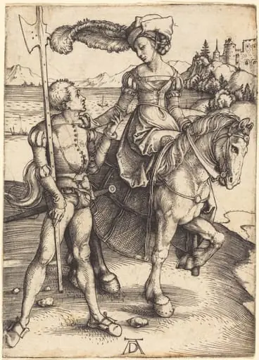 Lady on Horseback and the Lansquenet, by Albrecht Dürer