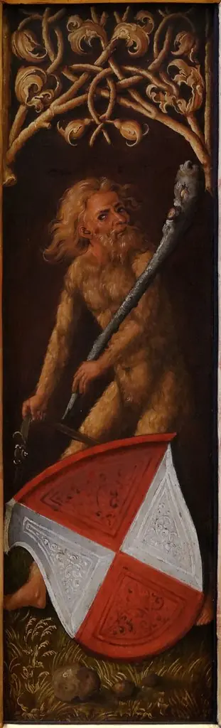 Portrait of Oswolt Krel: "Sylvan Men" with Heraldic Shields of Agathe von Esendorf, by Albrecht Dürer
