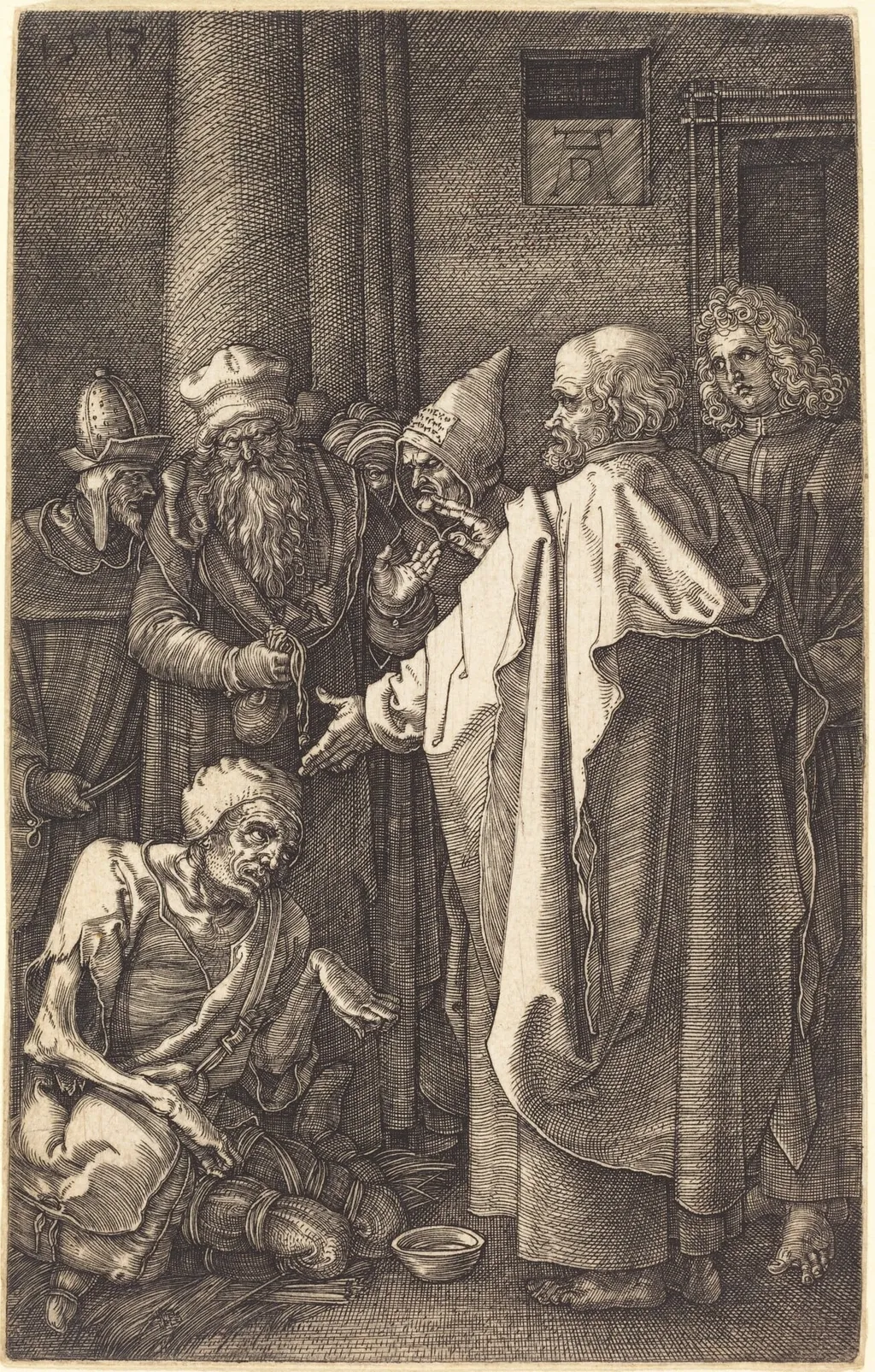 Saint Peter and Saint John Healing a Cripple at the Gate of the Temple, by Albrecht Dürer, ink, 1513
