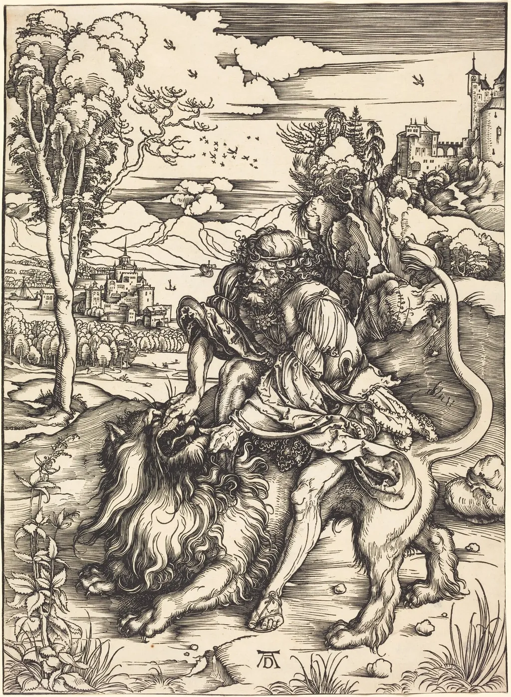 Samson Fighting with the Lion, by Albrecht Dürer, ink, 1498