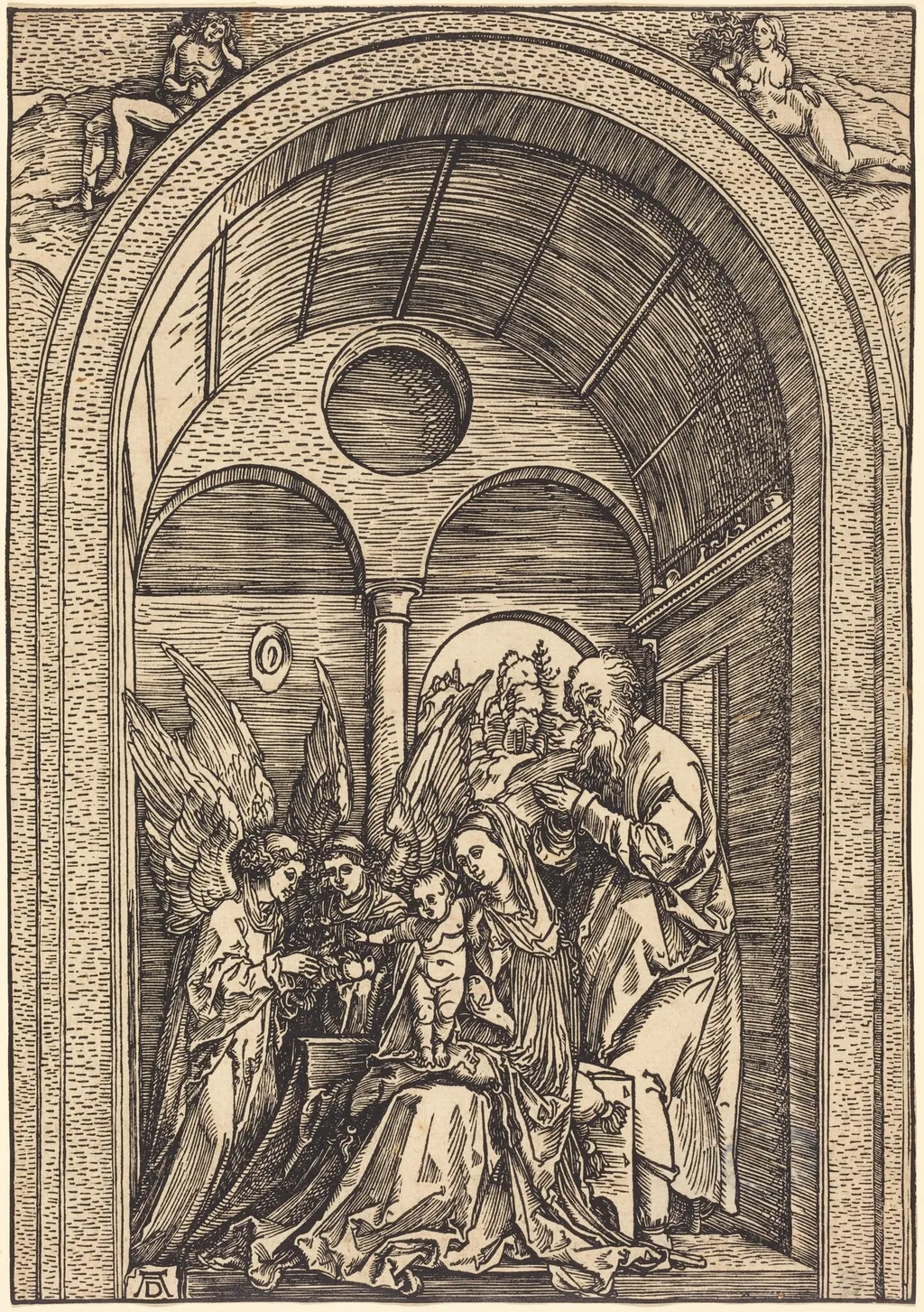 The Holy Family with Two Angels in a Vaulted Hall, by Albrecht Dürer, ink, 1504