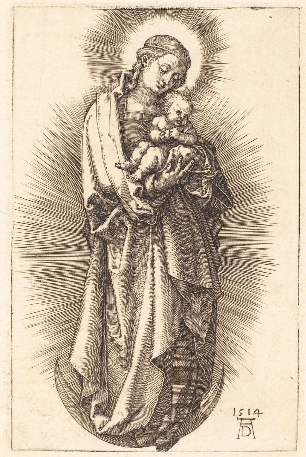 The Virgin and Child on a Crescent with a Diadem, by Albrecht Dürer, ink, 1514