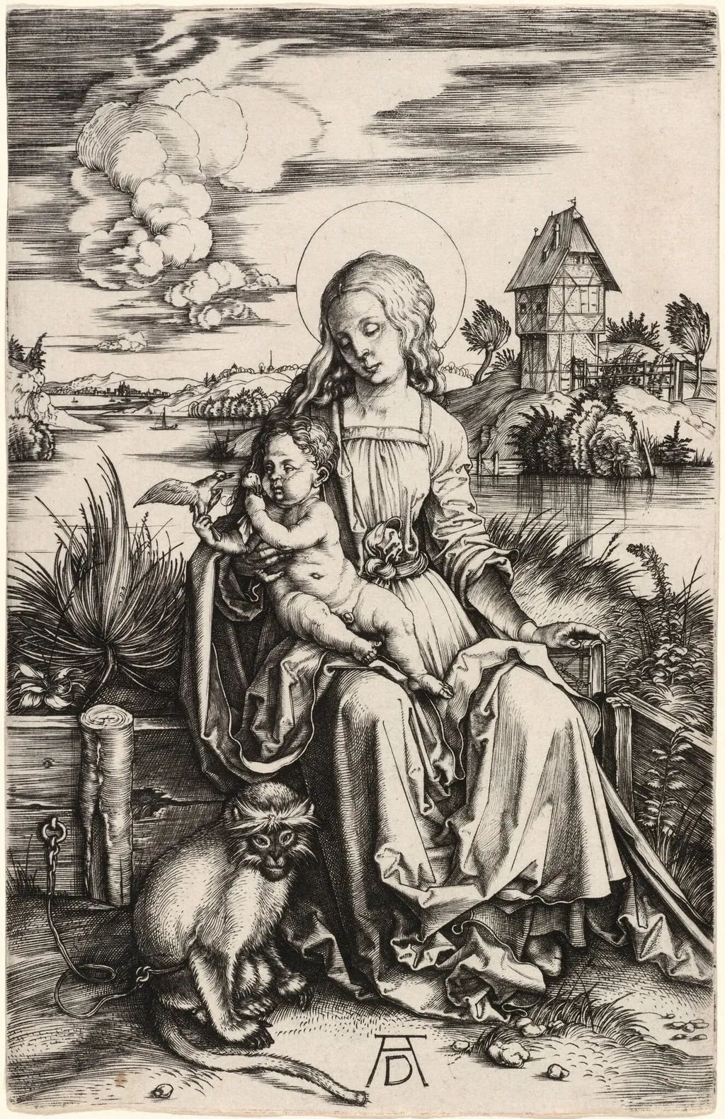 The Virgin and Child with the Monkey, by Albrecht Dürer, ink, 1498