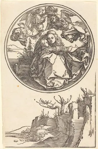The Virgin Crowned by Two Angels above a Landscape, by Albrecht Dürer