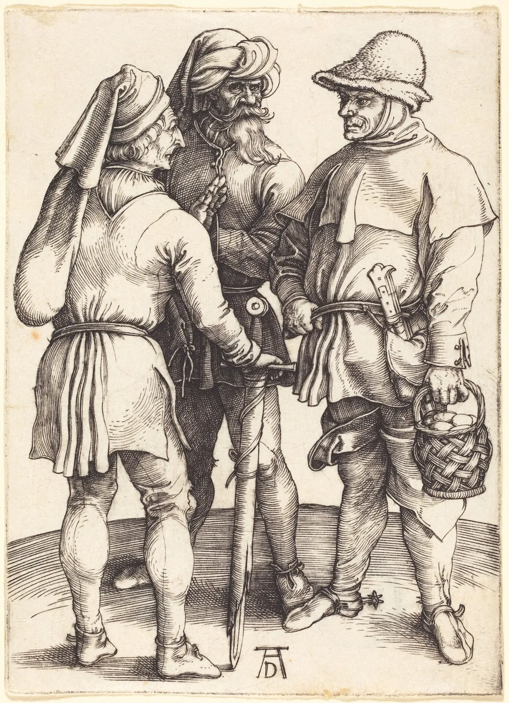 Three Peasants in Conversation, by Albrecht Dürer, ink, 1497