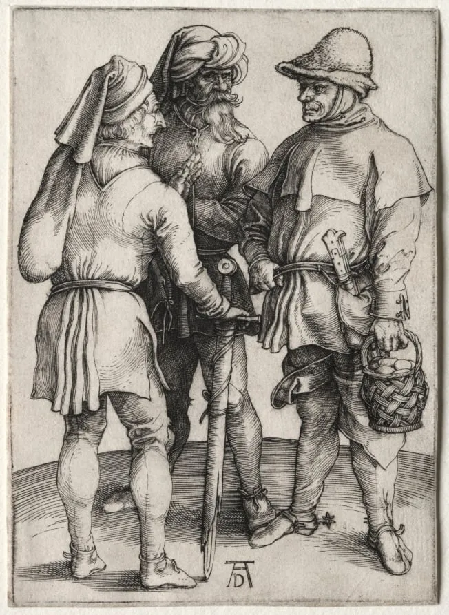 Three Peasants in Conversation, by Albrecht Dürer, 1497