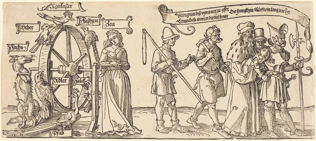 Time and a Fox Turning the Wheel of Fortune with People of all Ranks to the Right, by Albrecht Dürer, ink, 1526