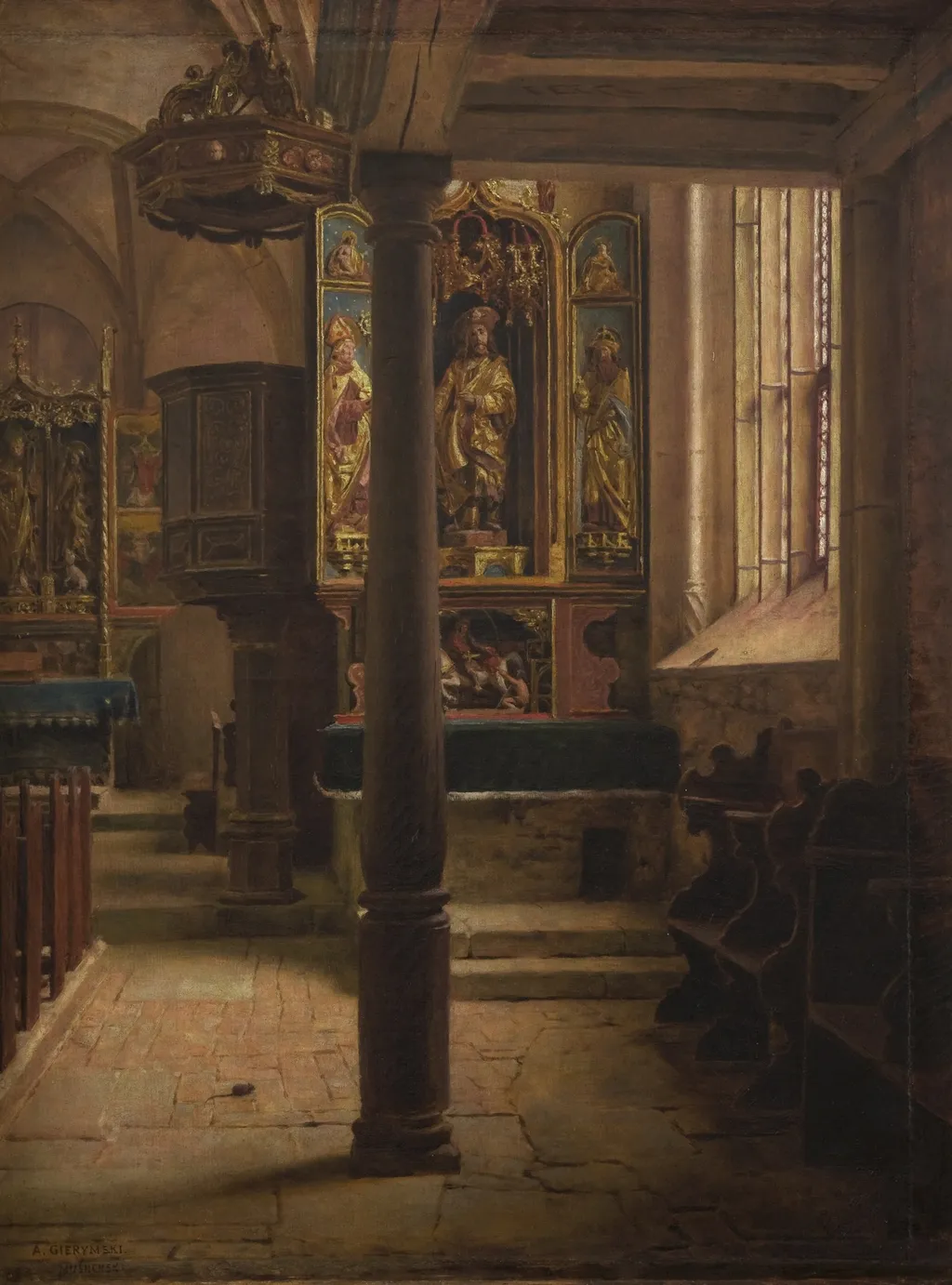 Intérieur de l'église Saint-Wolfgang à Rothenburg, by Aleksander Gierymski, oil, 1898