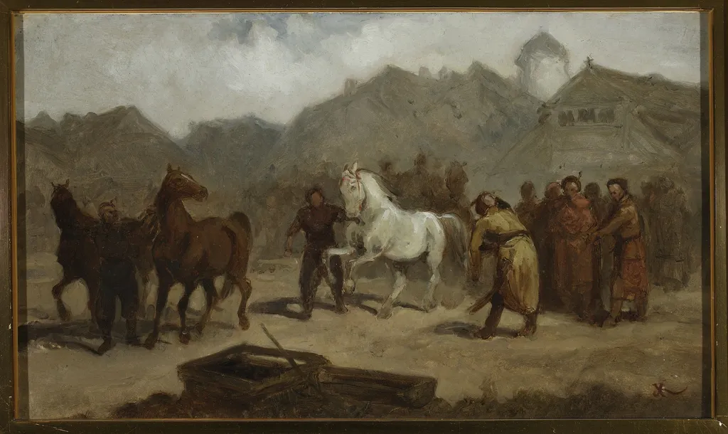 Horse market, by Aleksander Kotsis, oil, 1867