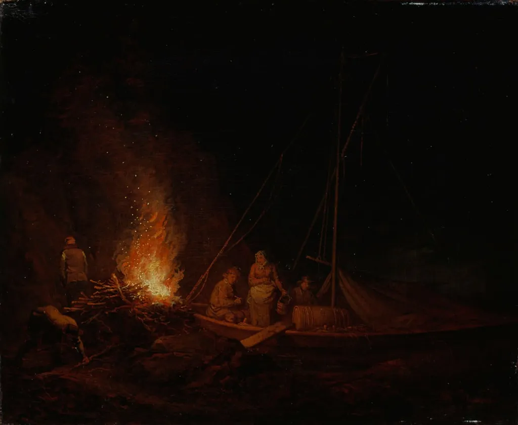 Nuotiota sytyttäviä kalastajia, by Aleksander Lauréus, unspecified