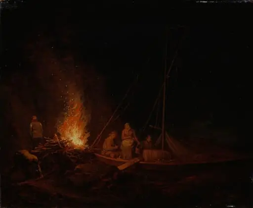 Nuotiota sytyttäviä kalastajia, by Aleksander Lauréus