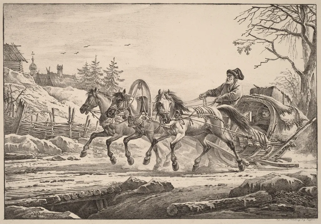 A Hired Coachman in Winter, by Aleksandr Osipovich Orlovskii, ink, 1820