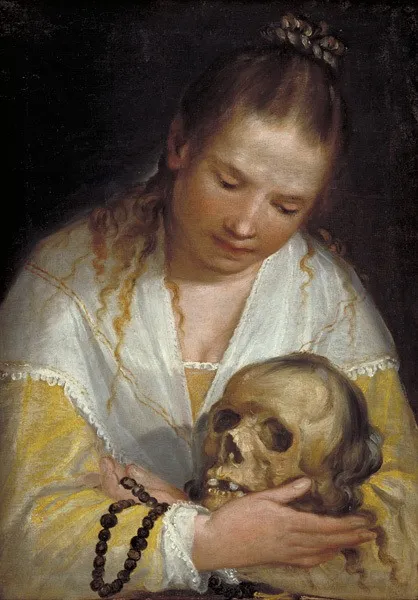 A Young Woman Contemplating a Skull, by Alessandro Casolani, oil, 1596