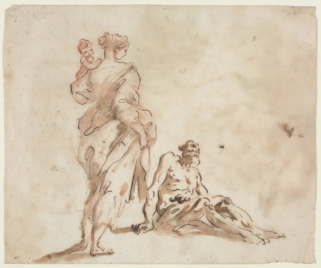 A Standing Woman Holding a Child, a Seated Male at her Feet, by Alessandro Magnasco, 1724