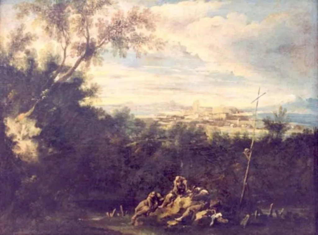 Călugări într-un peisaj, by Alessandro Magnasco, unspecified, 1750