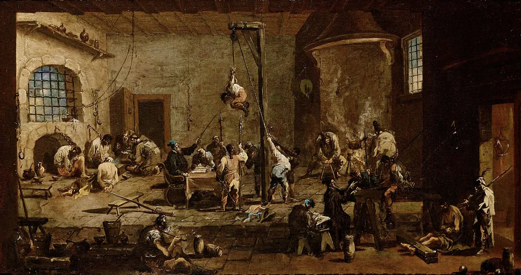 Interrogations in Jail, by Alessandro Magnasco, oil, 1715
