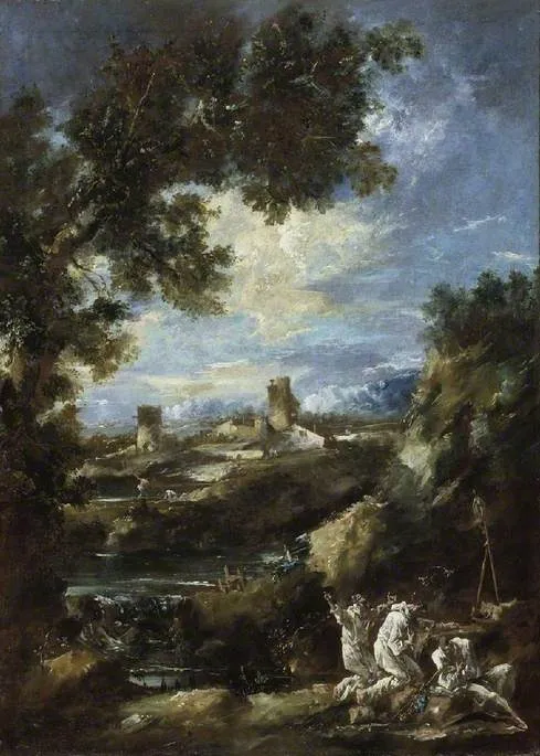 Landscape with Camaldolite monks praying at a road-side shrine, by Alessandro Magnasco, oil, 1720