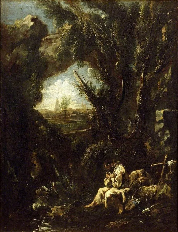 Landscape with two Hermits in meditation, by Alessandro Magnasco, oil, 1705