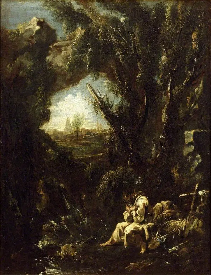 Landscape with two Hermits in meditation, by Alessandro Magnasco