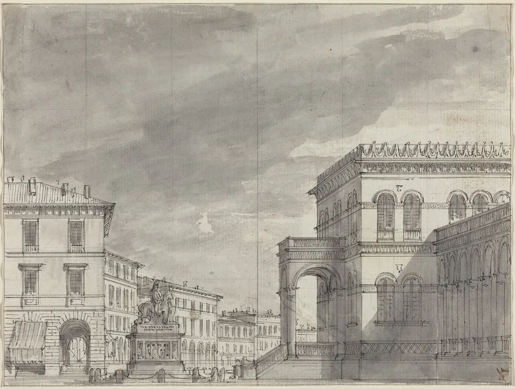 Piazza with an Equestrian Monument and a Palace, by Alessandro Sanquirico, ink, 1810
