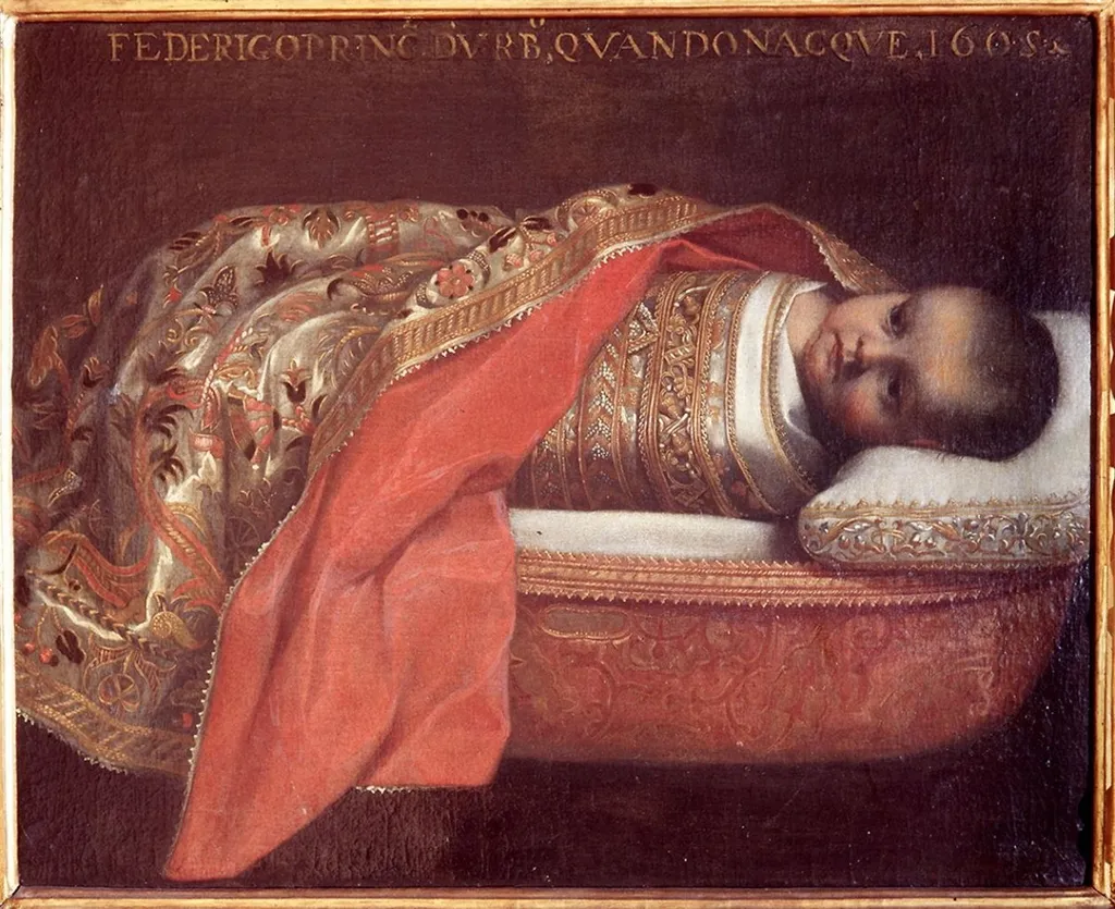 The swaddled Prince of Urbino in the cradle, by Alessandro Vitali, oil, 1605
