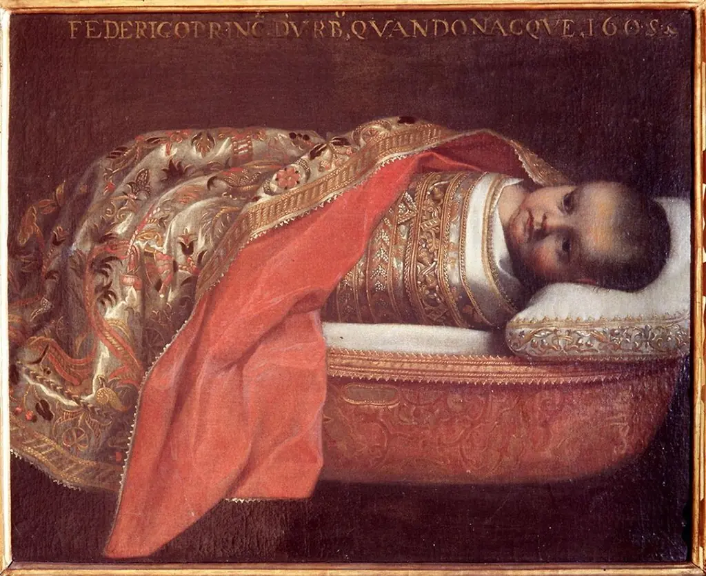 The swaddled Prince of Urbino in the cradle, by Alessandro Vitali