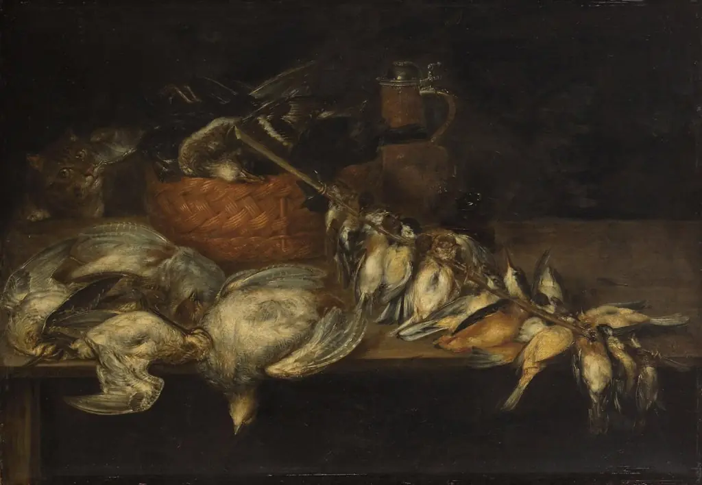 Dead poultry with cat, by Alexander Adriaenssen