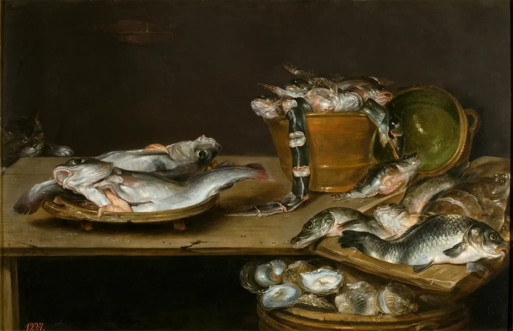 Still Life of Fish and Oysters with a Cat, by Alexander Adriaenssen, oil, 1601