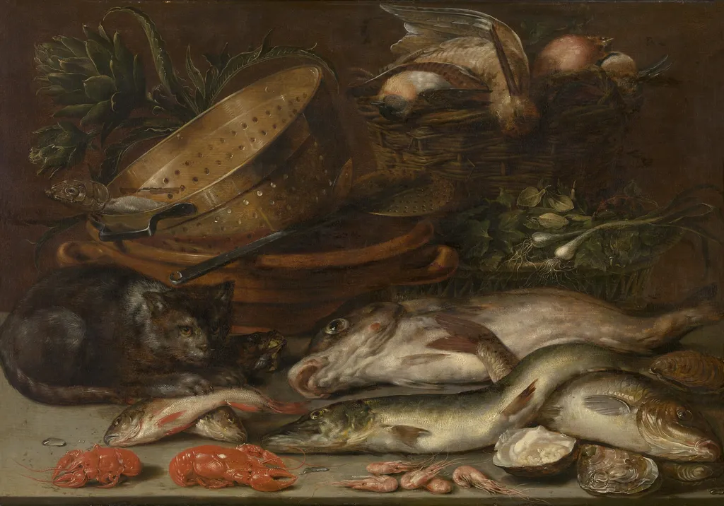 Still life of fish, dead birds, vegetables, kitchenware and a cat, by Alexander Adriaenssen, oil, 1650