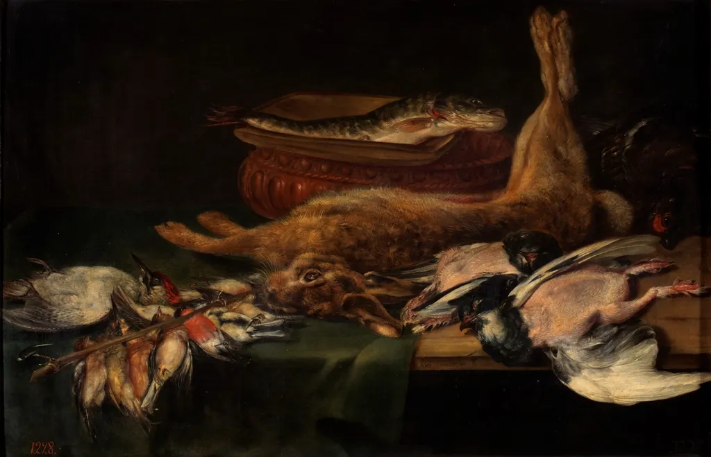 Still life with a hare, dead birds and fish, by Alexander Adriaenssen, oil, 1616
