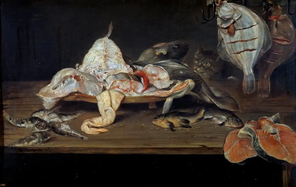 Still life with fish and a cat behind the table, by Alexander Adriaenssen