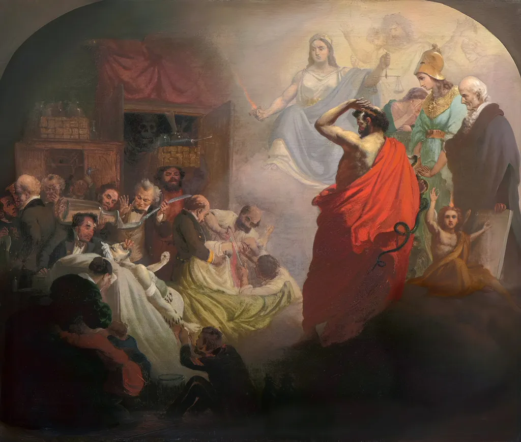 Homeopathy gazing upon the horrors of Allopathy, by Alexander Beydeman, oil, 1857