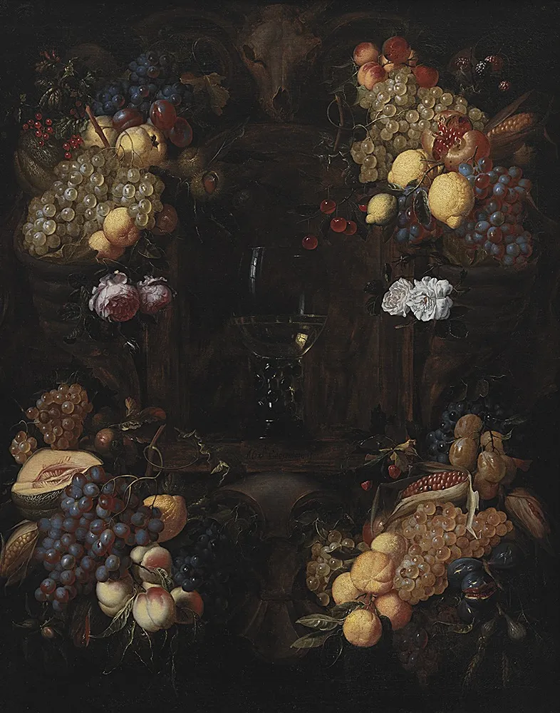Cartouche with Garlands of Fruit and a Wine Glass, by Alexander Coosemans, oil, 1642