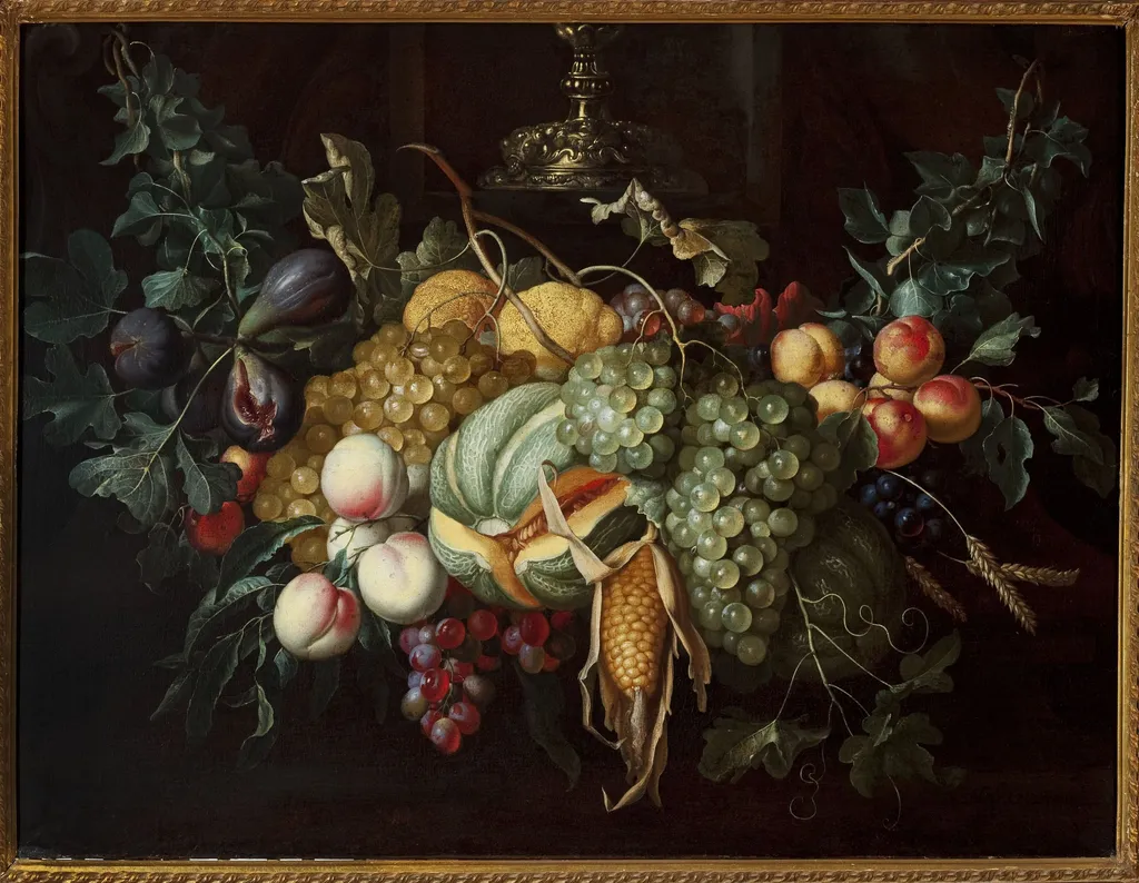 Still life with fruits and corn, by Alexander Coosemans, oil, 1668
