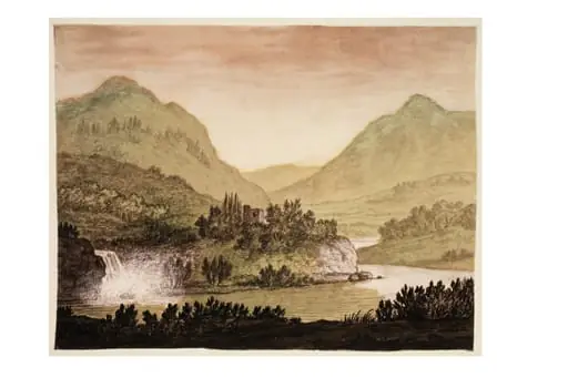 Mountainous Landscape with a Castle and Waterfall, by Alexander Cozens