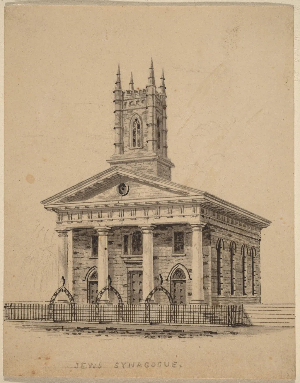 Jewish Synagogue, N.Y., by Alexander Jackson Davis, ink, 1848