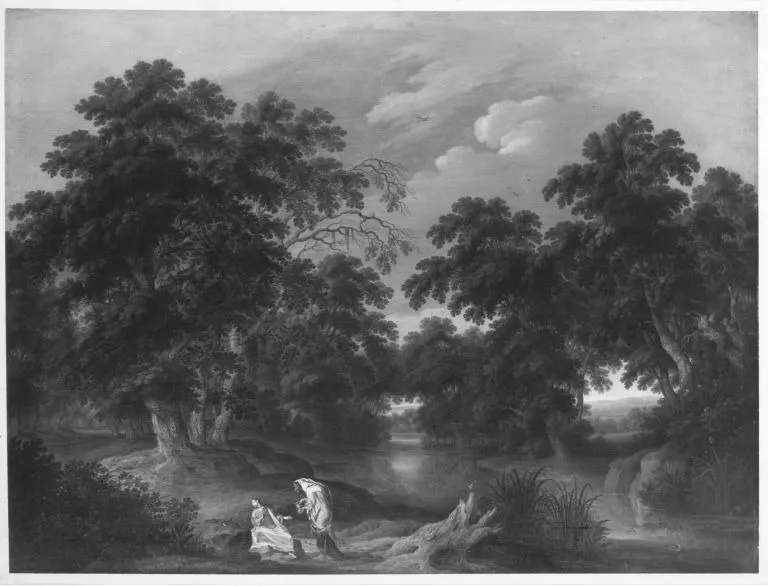 Wooded landscape with the temptation of Christ, by Alexander Keirincx, oil, 1635