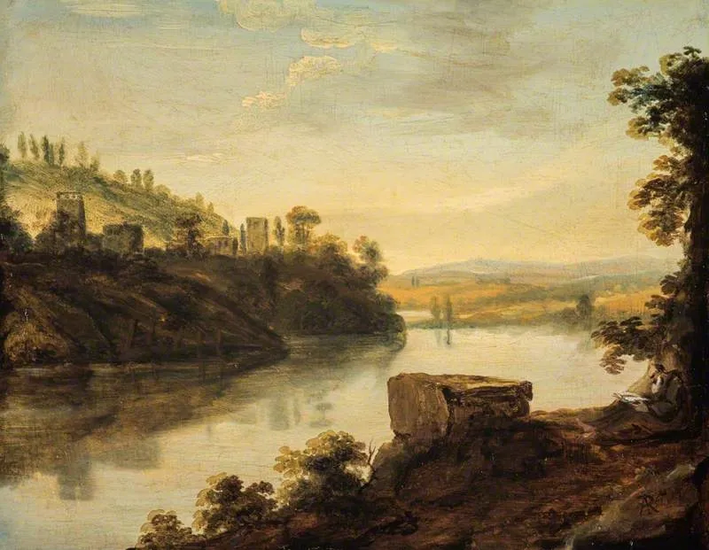 Italian River Landscape with a Hermit, by Alexander Runciman, oil, 1770